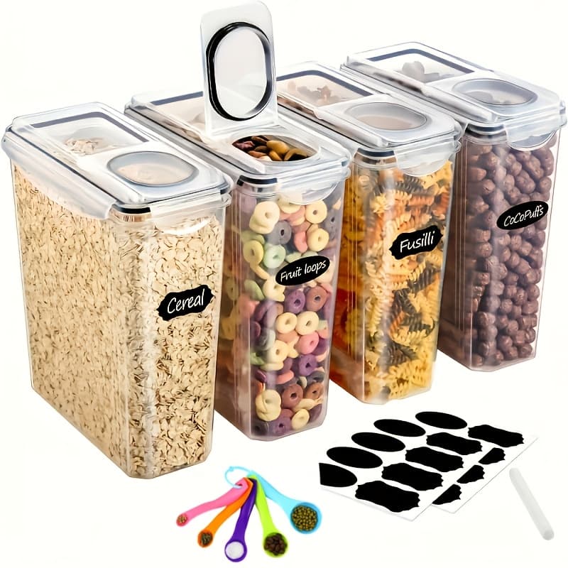 TEMU 4pcs Airtight Cereal Container Set, Transparent Food Organizers With Lids 4 Liter Reusable Labels And Marker, Clear