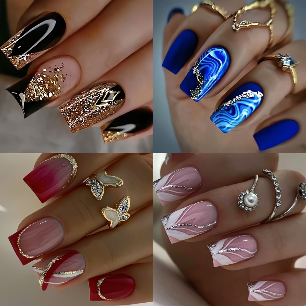 TEMU 96pcs Acrylic Medium Rectangle Mixed Colors -on Nail Set, , Blue, Red, Pink With Ombre And Striped Patterns, Includes Gel And Nail File, Suitable For ' Nail Decoration