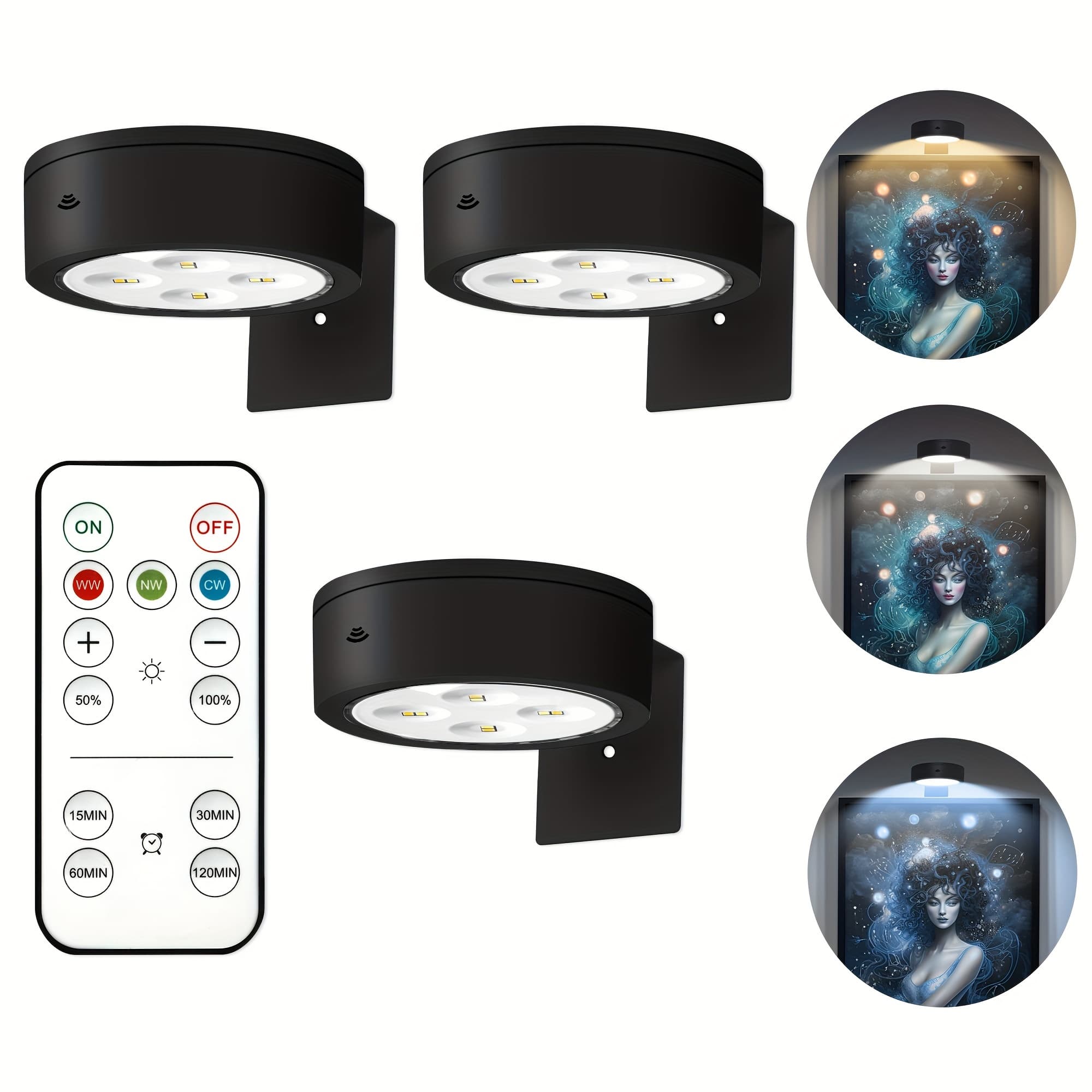 TEMU 3pcs Modern Magnetic Battery- Wireless Remote Dimmable Timer Suitable For Picture , Plug-and-play Wall Puck Lights For Art Display, Semi-recessed Installation For Office Gallery Decor