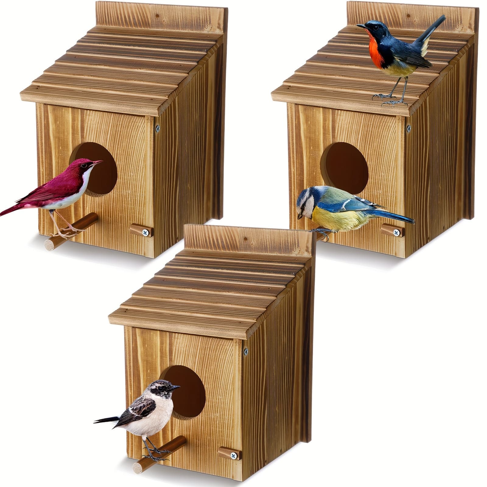 TEMU 3pcs Houses For Outside With Pole Hanging Bluebird House Wooden Birdhouse For Outdoor Small Bird Nest Box For Finch, Bluebird, Hummingbird, Parakeet Garden Perch House