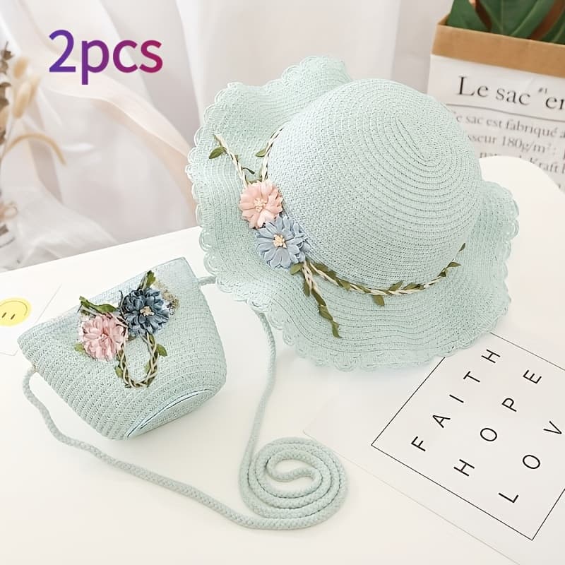 TEMU 2pcs Set, Floral Decorative Lace- Straw Hat And Straw Bag Combination, Suitable For Spring And Summer Outdoor Activities And Beach Vacations