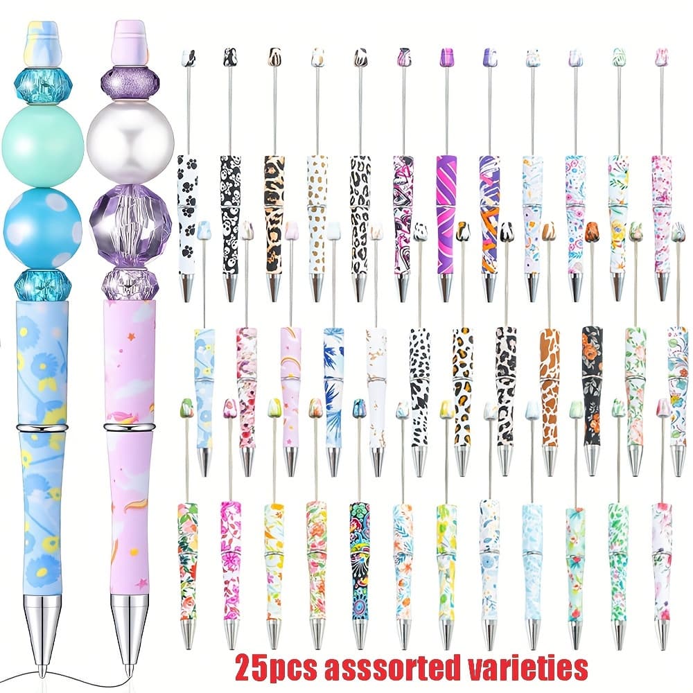 TEMU 25pcs Random Color Plastic Beadable Pens Mixed Floral Plants Bead Ballpoint Pen With Black Ink Office School Graduation Supplies