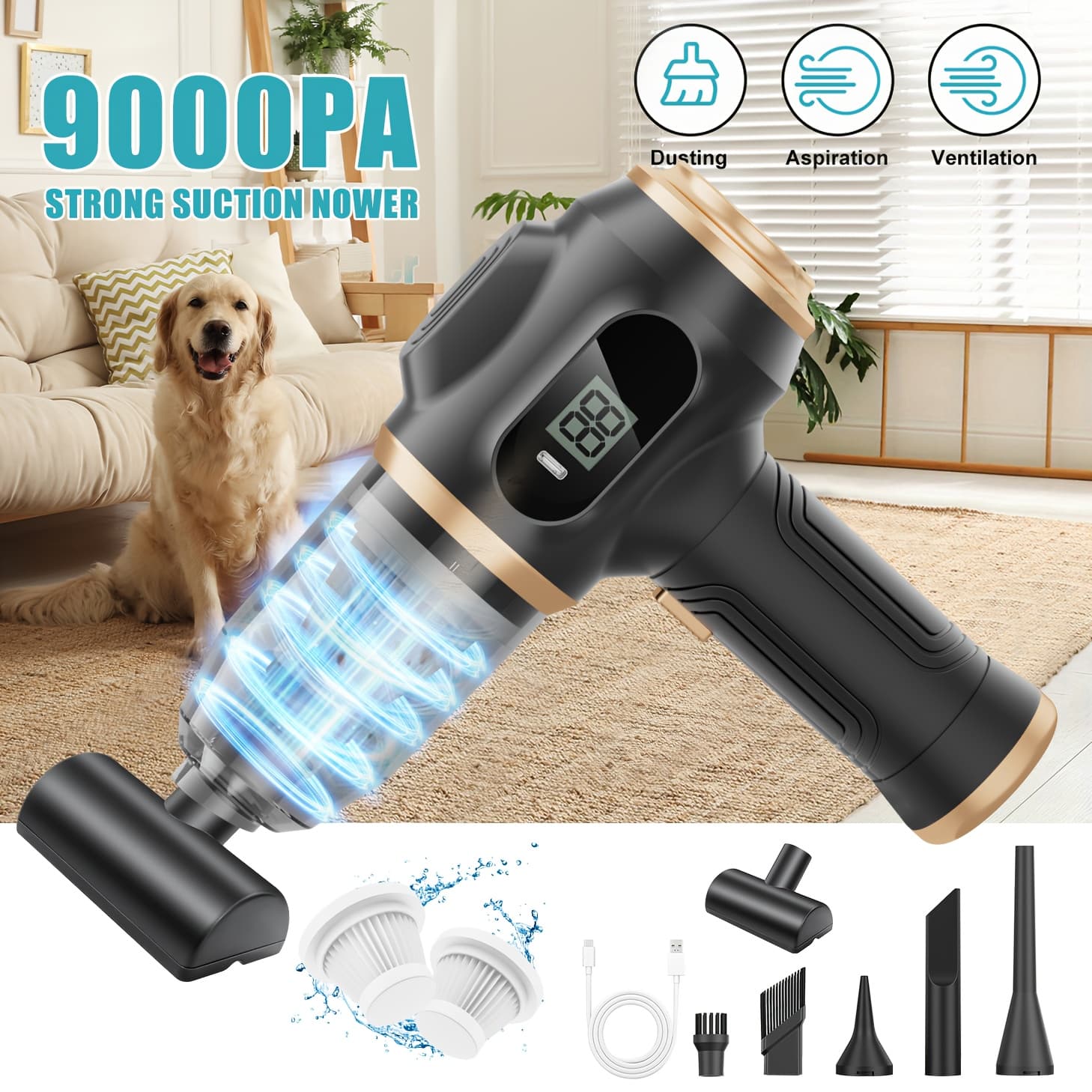 TEMU Portable Car Vacuum Cordless Mini Handheld Vacuums Cleaner Rechargeable With Lcd Display And Multi-nozzles, High Held Cleaners For Car, Home, Office, Sofa, Pet Hair, Keyboard