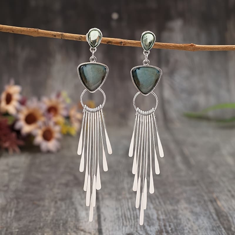 TEMU Bohemian-style Long Fringe Drop Earrings With Synthetic Gemstone Inlay And Alloy