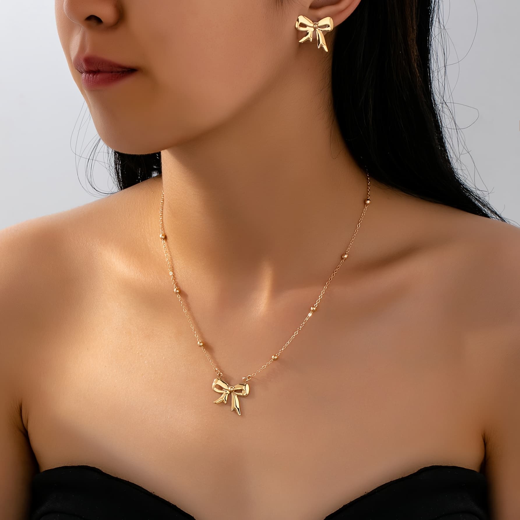 TEMU 2pcs Sweet Princess Bow Necklace Stud Earrings Fashion Temperament All-match Easy Jewelry Set
