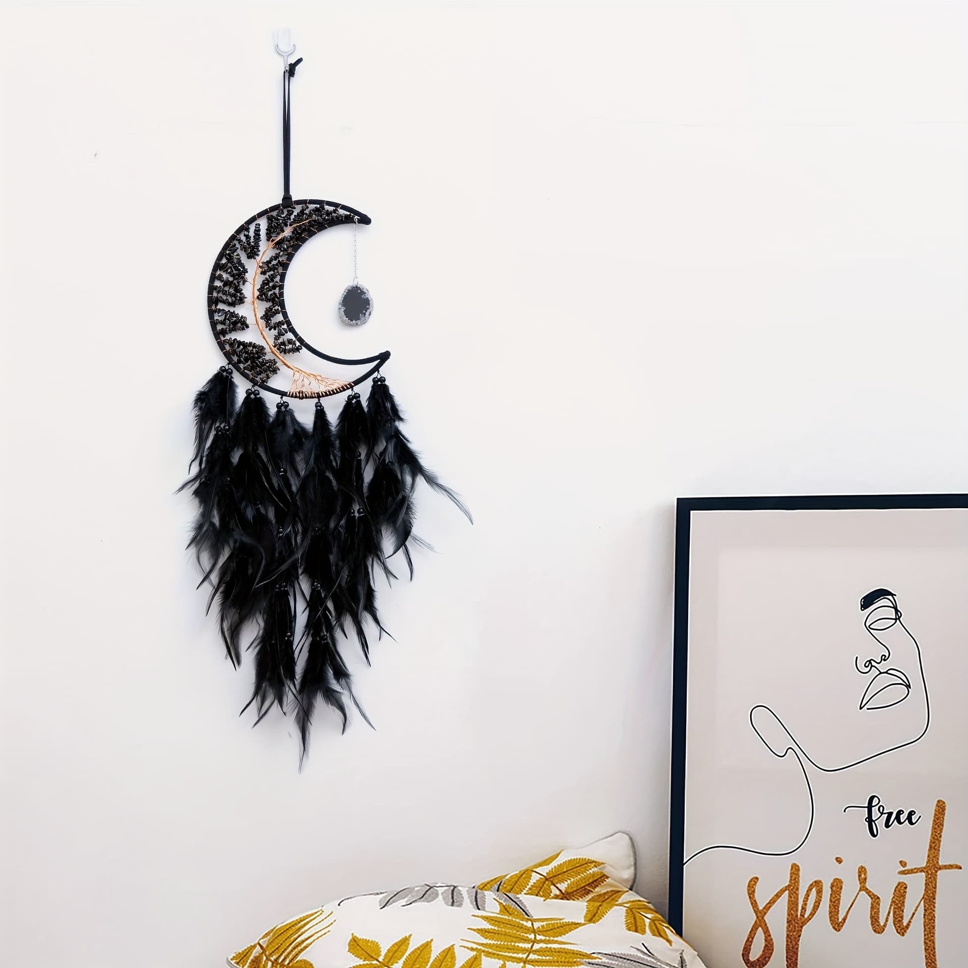 TEMU 1pc Of Macrame Wall Hanging Curtain Featuring A Moon Design, Perfect For Decor. This, With Its Life Tree Motif, Is Hand-woven And With Feathers, Making It An Ideal Window Decoration
