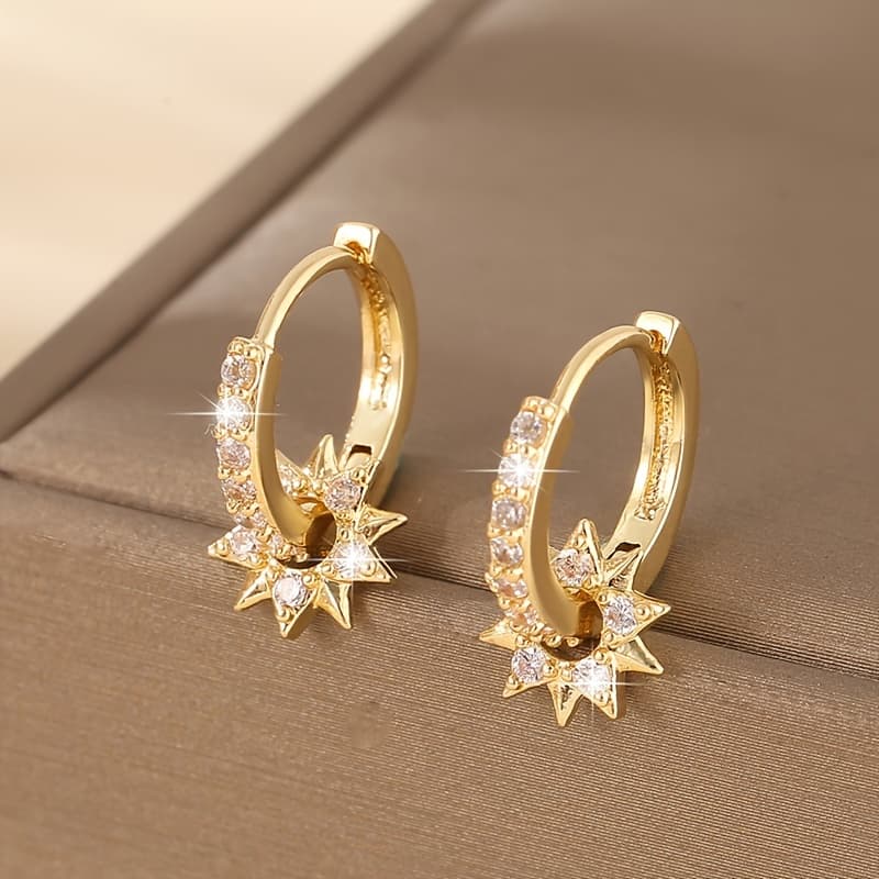 TEMU 1 Pair Of Luxurious Temperament Copper Inlaid Synthetic Zirconia Round Ear Fashion Sun Pendant Earrings Dating Gift