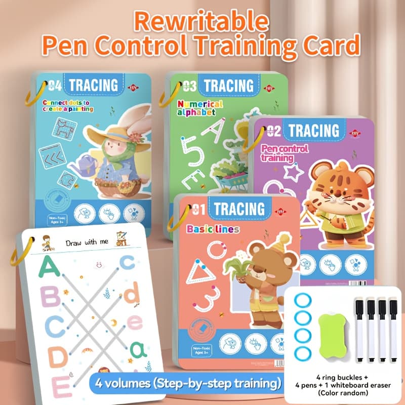 TEMU 4-book Set Kids : Reusable Writing, Pen Control, & Numbers With 4 Pens & Eraser | 128-page Style Handwriting Books For Homeschool, And Kindergarten (ages 3-8)