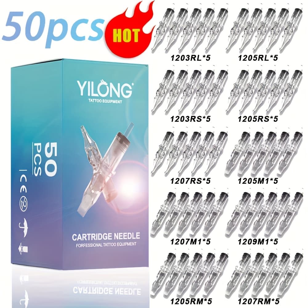 TEMU Yilong 50pcs Assorted Tattoo Cartridge Needles, Individually Packaged, Disposable Transparent Needles For Use With Tattoo Pen Machines