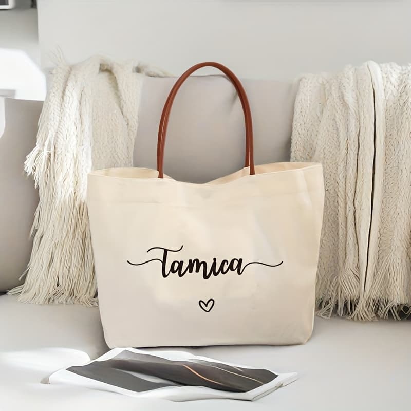 TEMU Customizable White Tote Bag – Elegant Cursive Personalized Name, With Magnetic Closure – Perfect For Bridal Parties, Weddings, Travel, Teacher's Day, Gifts – Washable, Cute Tote Bag