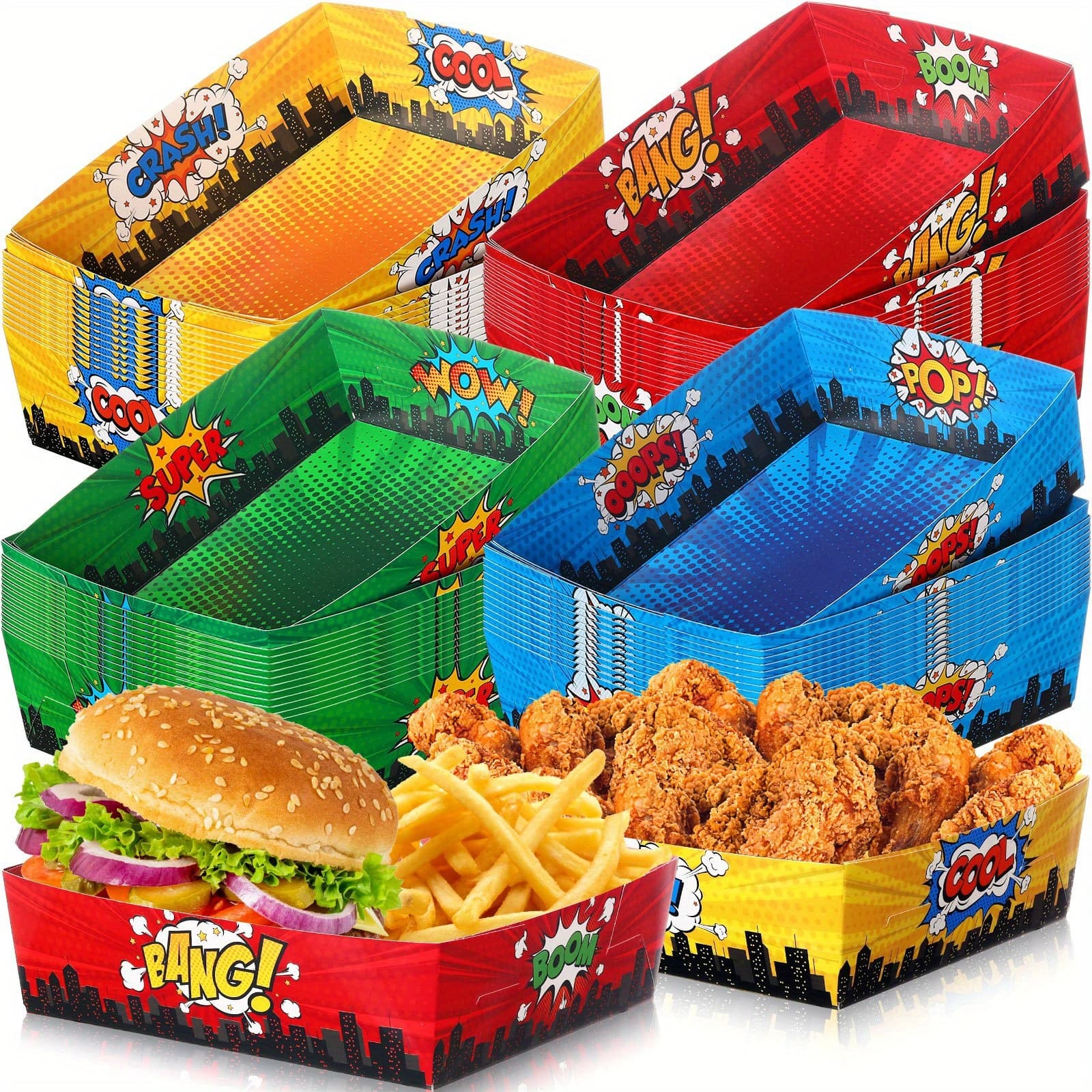 TEMU Party Favors 48pcs Hero Theme Birthday Party Supplies 5lb Large Trays Party Favors Food Boats Snack Paper Trays For Birthday Decorations (boy)