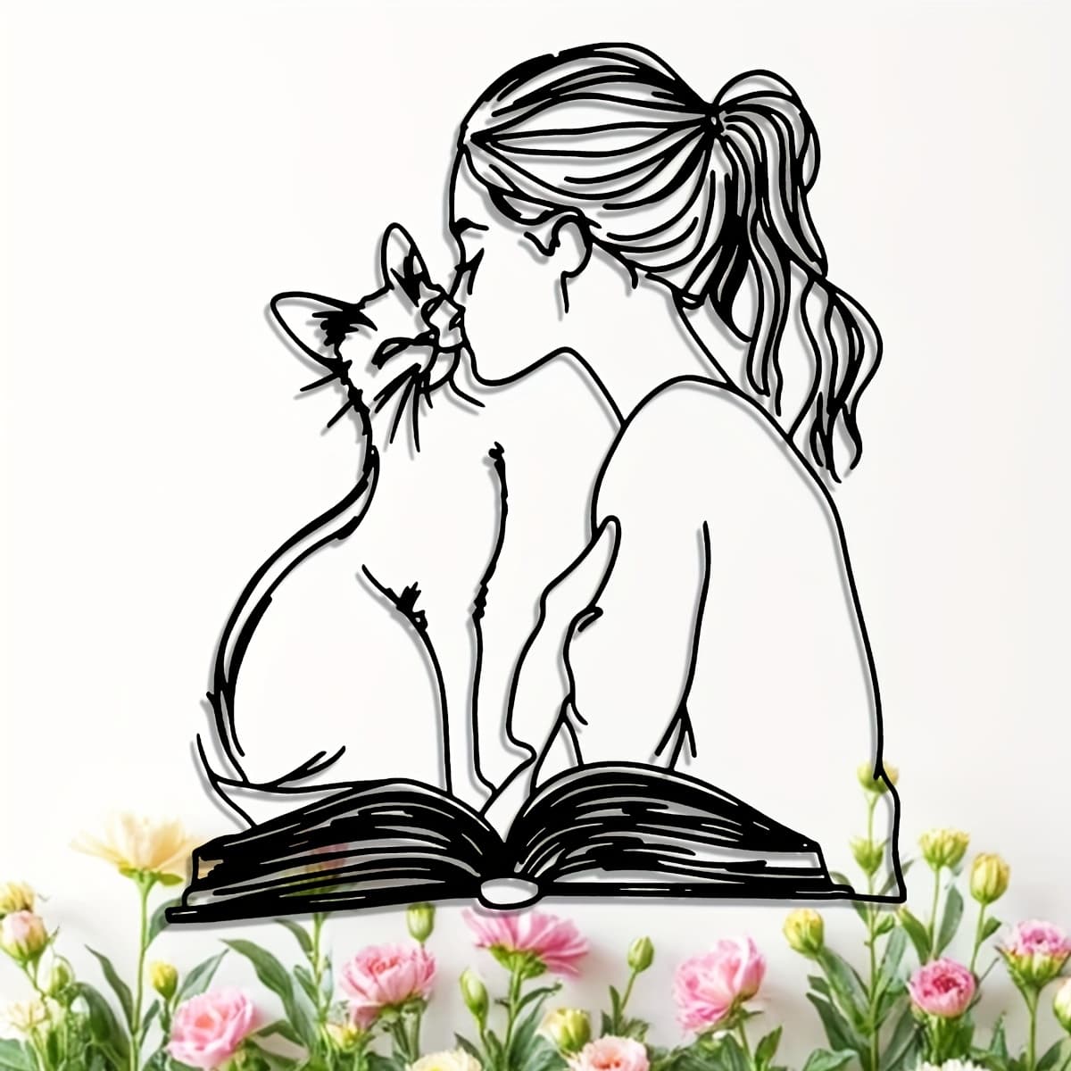 TEMU 1pc Girl Kissing Cat On Book Metal Wall Art - Girl & Cat Reading Or Kissing , Minimalist Metal Shelf/room Decor, Easy-hang Bookend For Cat Lovers & , Gift, 15.7x14in