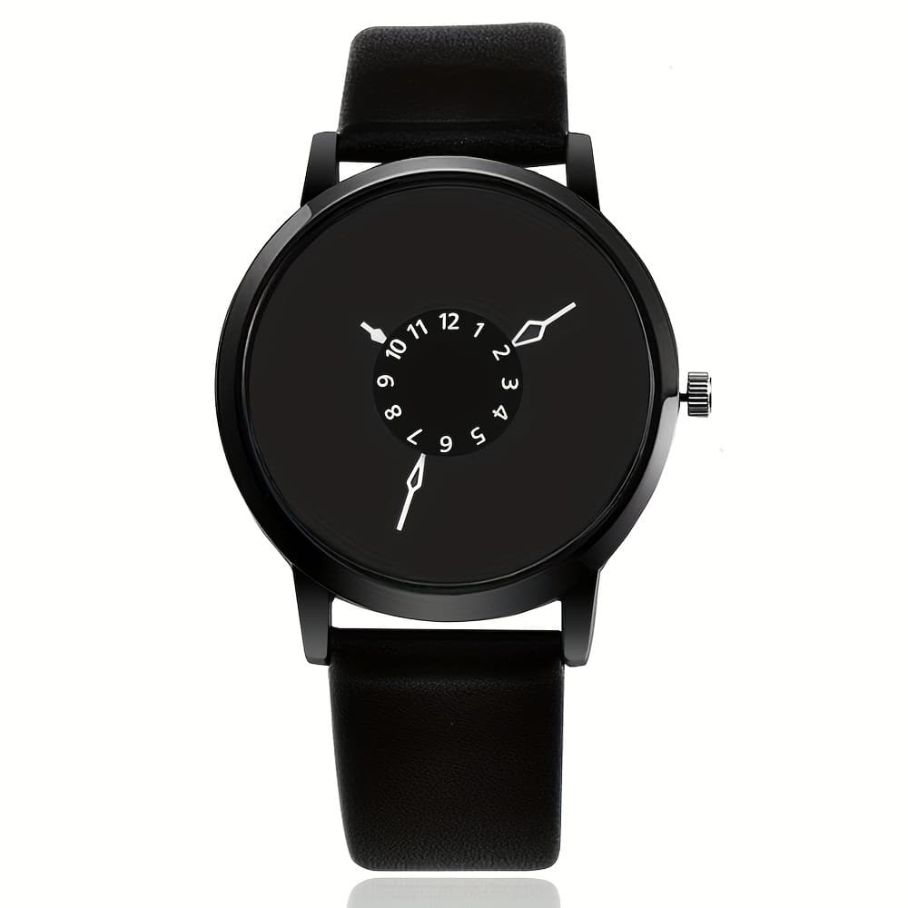 TEMU Minimalist Black Quartz Watch - Casual Display With Pu Leather Strap, Alloy Case, And Arabic For Casual Attire, | Watch | Alloy Case Watch