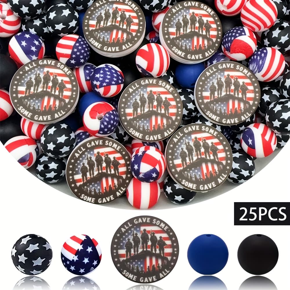 TEMU A Set Of 25 Silicone Beads Featuring A Flag Print, Perfect For Colorful Jewelry Such As Earrings, Necklaces, Bag Chains, Bead Pens, Mobile Phone Chains, Makeup Brushes, Keychains