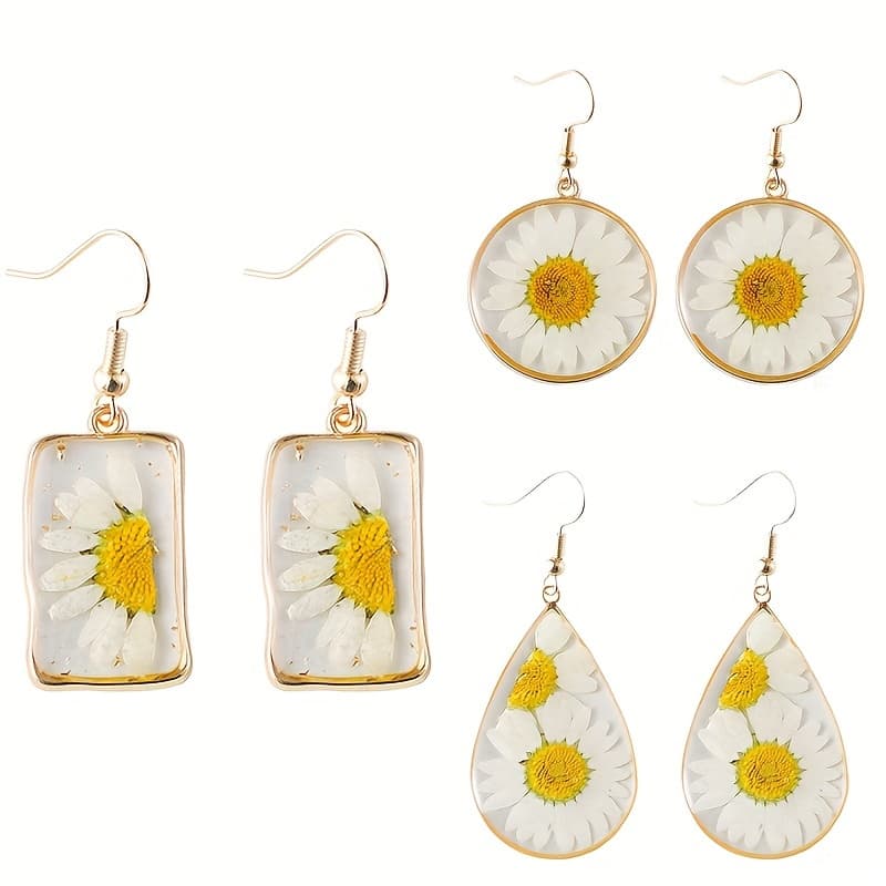 TEMU 3 Pairs Elegant Resin Dangle Earrings, Dried Flower Geometric Dangle Earrings, Dried Flower Daisy & Sunflower Hook Earrings,