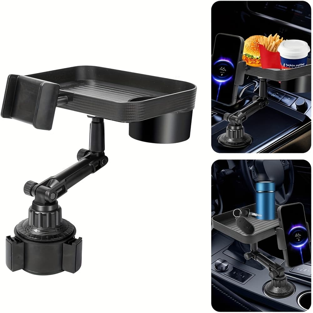 TEMU 360° Rotatable Car Cup Holder Expander With Detachable Food Tray & Phone Mount - Fit For Cars And Trucks, Abs Material