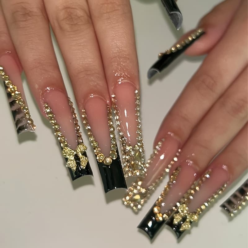 TEMU 24pcs French Pressure Nail Long Water Pipe Fake Nails, Black Fingertips, With 3d And Golden Designs, Suitable For Women And