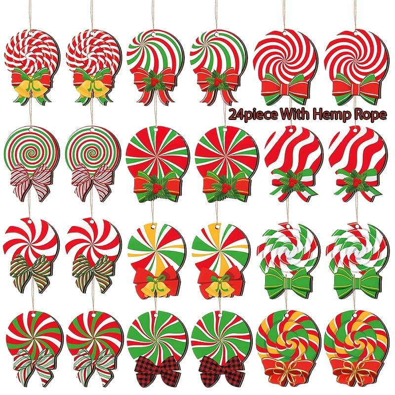 TEMU 24pcs Christmas Wooden Candy-shaped Ornaments - Hanging Wood Peppermint Lollipop Decorations For Xmas Tree, Festive And Party Decor, Christmas-themed Shapes And Styles, Rope Included