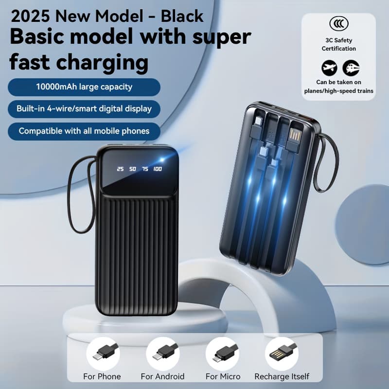 TEMU 10000 Mah Portable Charger Power Bank, .5 W Fast Charging Battery Pack, Large Capacity Portable Power Bank For Camping Travel Essential Compatible With All Phone Series, , (black)