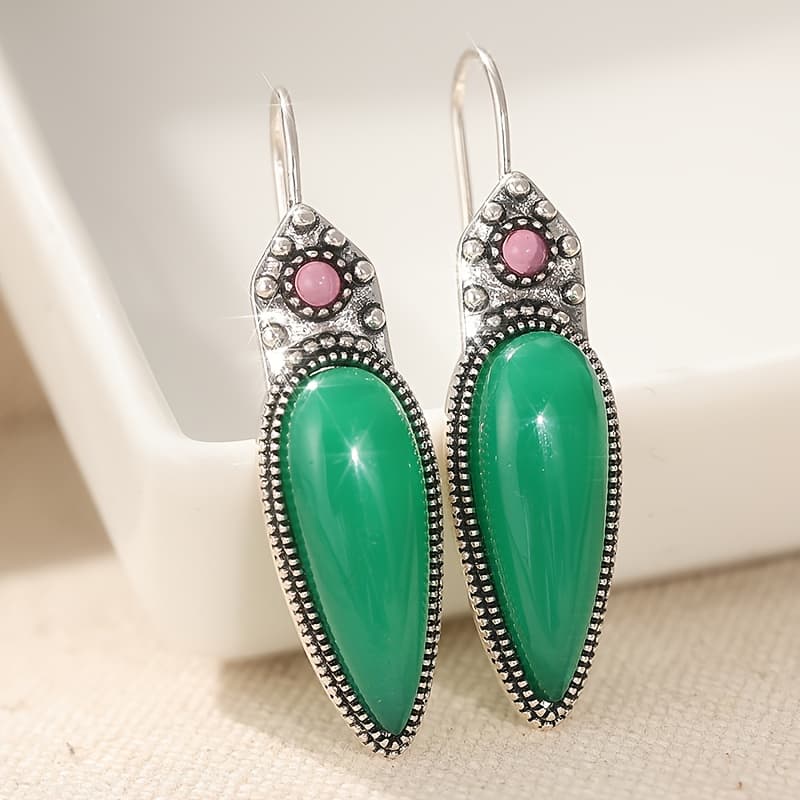 TEMU Vintage Copper Material Inlaid With Green Glass Earrings, Women's Bohemian Style Pendant Earrings