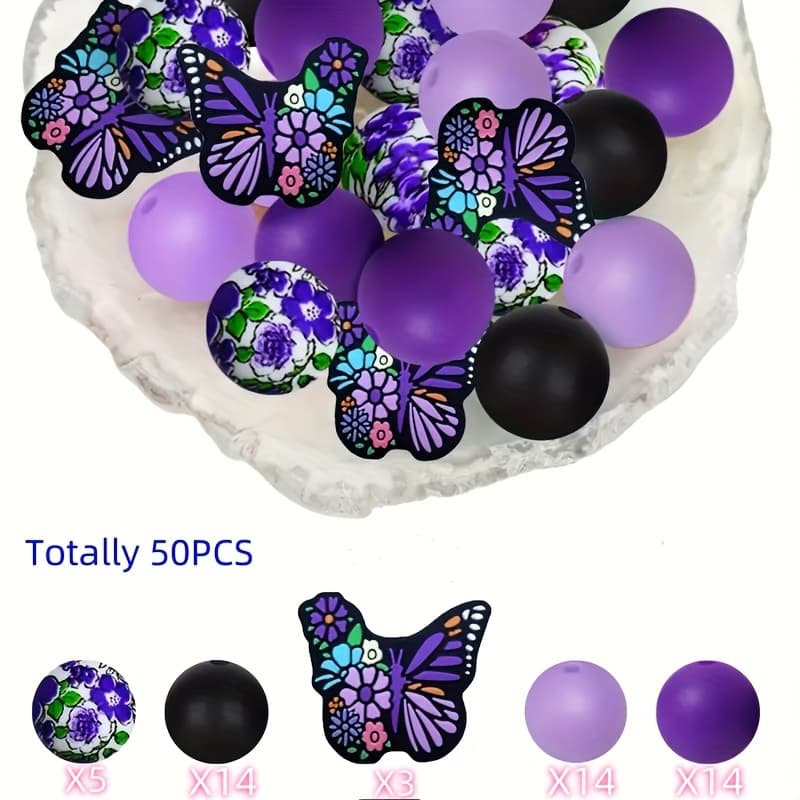 TEMU 50 Purple -themed Silicone Beads, Ideal For Crafts - Featuring Purple Floral And Designs, Perfect For Jewelry, Keychains, Wreaths, And Home Decor, A Wonderful Gift, Bead Assortments
