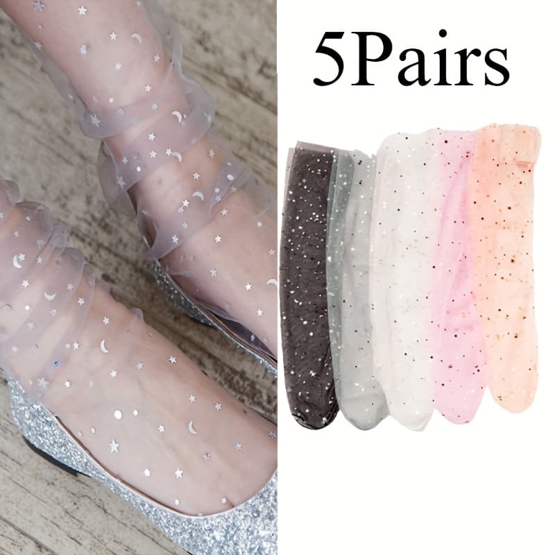 TEMU 5paris Summer Ultra-thin Transparent Lace Pile Socks, Y2k Star Moon Mesh Tube Socks, Women' Dance Dress, Beach Vacation Casual Socks