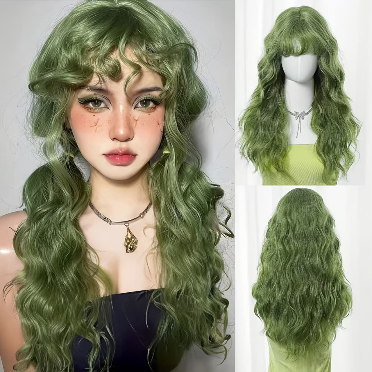 TEMU 1 Affordable Synthetic Wig, Green Water Wave With Bangs, Perfect For Christmas And 's Day Holidays And Parties, Features Beautiful And Wavy Curly Short Hair, Full Wig