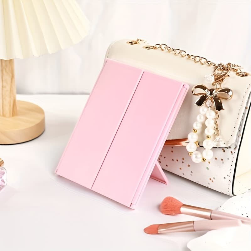 TEMU Pink Makeup Mirror - Transparent Hd Mirror, Foldable, Portable And , Suitable For Makeup, Travel, And Gifting, No Power Required, Ideal For Gifting