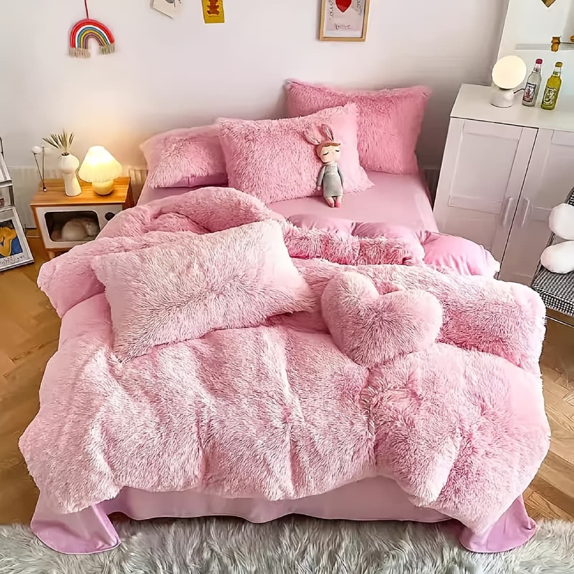 TEMU 3/4pcs Plush Faux Fur Comforter Cover Set For - Includes Pillowcases + Pillow - Twin/ Queen/ King Sizes - Super Soft, Warm, Machine Washable (duvet Cover Only, No Comforter)