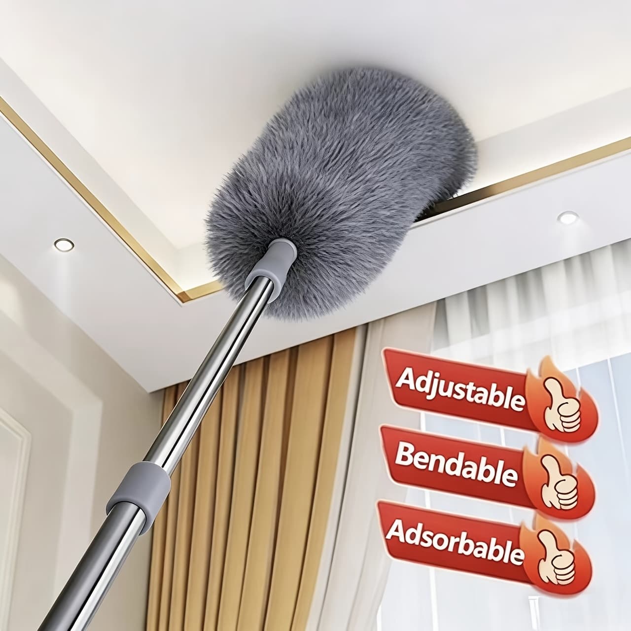 TEMU Adjustable And Microfiber Duster - Washable, Reusable Cleaning Tool For High Ceilings, Furniture And Cars, 3 Finger Illustrations, Duster For Cleaning