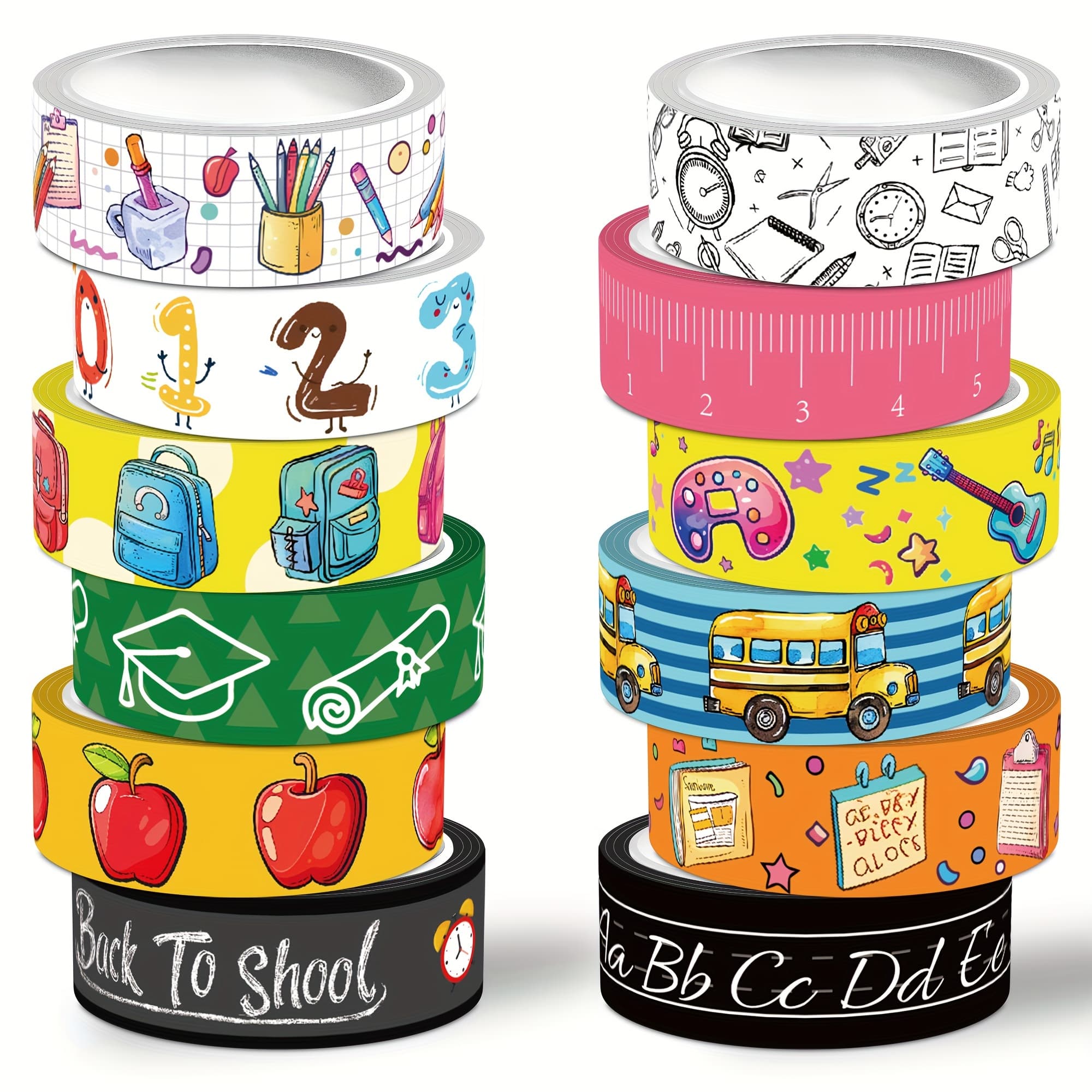 TEMU Back To With A Set Of Washi Tape, 12 Rolls For Backpacks, Decorative Tape For School Buses, Pencils, Alarm Clocks, Masking Tape, Suitable For Stationery, Scrapbooking, Crafts, And Gift Wrapping
