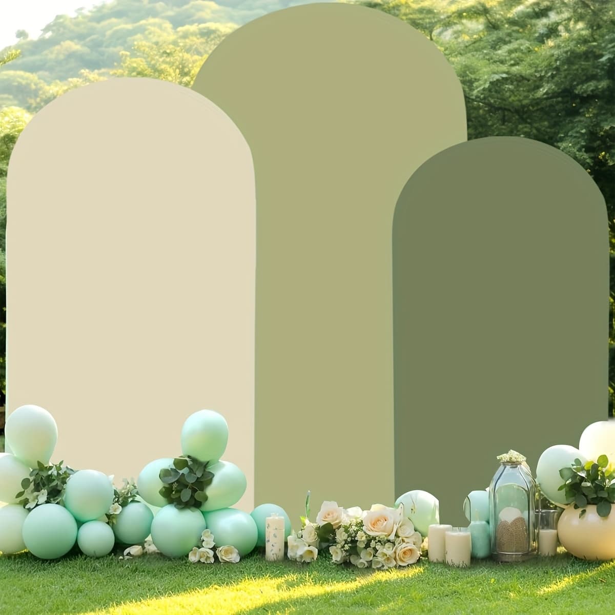 TEMU 3pcs Set 4ft/5ft/6ft Arched Backdrop Set, Suitable For Wedding, Party, Prom, Party Photo Background (dark Green + Beige + Light Green) (background Frame Not Included)