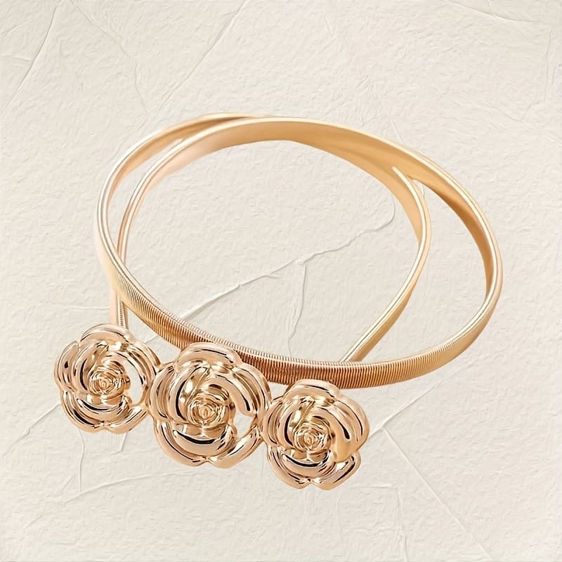 TEMU A Women's Fashionable, , Elegant, And Versatile Rose-patterned Elastic Stretch Belt For Dresses, Skirts, And Blazers, Suitable For Casual And Business Styles