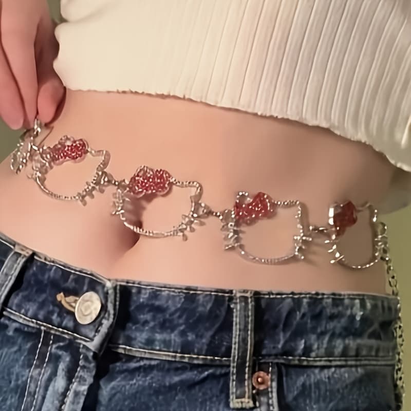 TEMU 1pc Hello Kitty Women's Y2k Shiny Waist Belt, Decorated With Heart-shaped Hollow And Hello Kitty Face Pendant, Adjustable Chain, Handwash, Christmas/halloween Gift (standard Size)