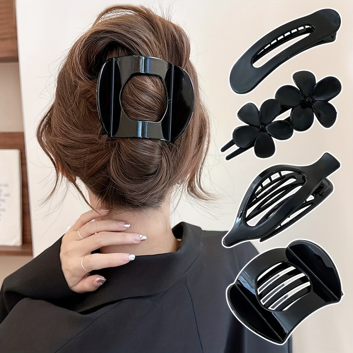 TEMU 4pcs Of Women's Black Hair Clips, Featuring A Of Styles, Fashionable And Versatile, Large Hairpins Suitable For Updos, Casual Use, A 's Accessory