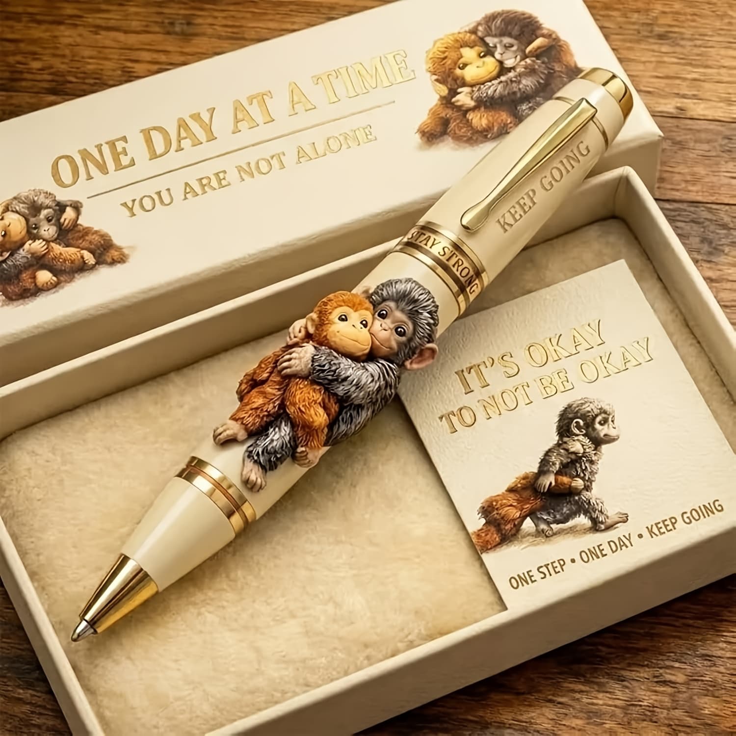 TEMU Emotional Support Monkey Pen, Commemorative Pen, Inspirational Printed 'one Day ' Metal Pens With Card & Gift Box, Comforting Friend Reminder For Hard Days