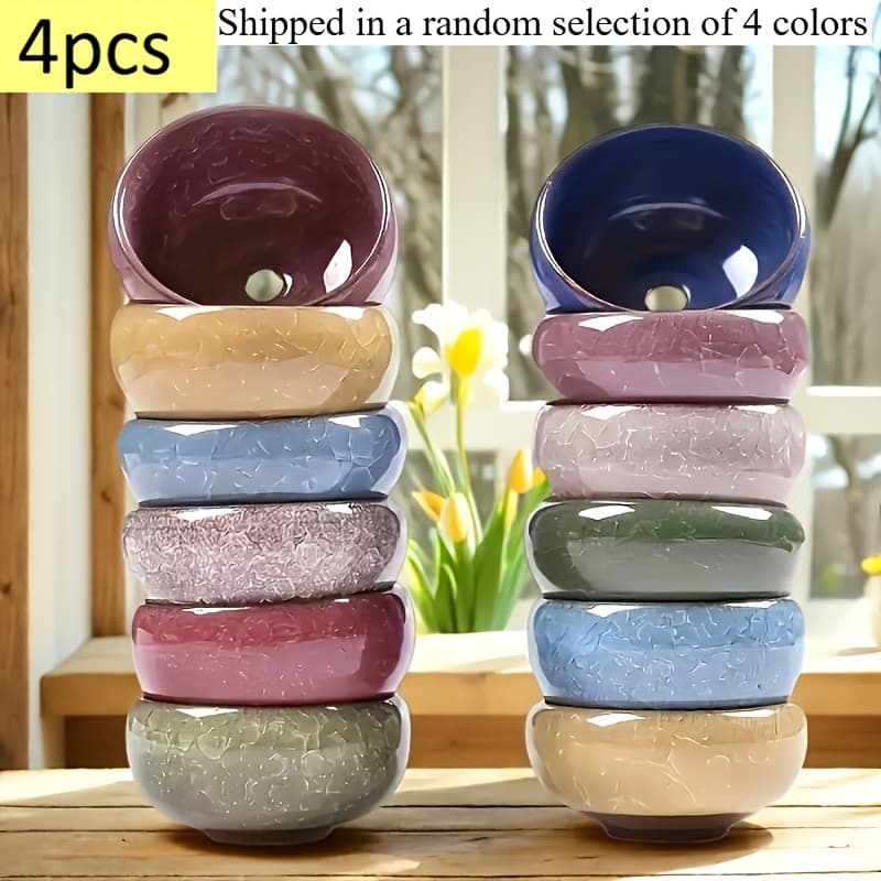 TEMU 4pcs Stylish Handcrafted Ceramic Plant Pots With Drainage Holes. Crackle-glazed Planters Are Perfect For Tabletop Decor And As Gifts For -ideal For Birthdays. Spring/summer. 4 Random Colors .