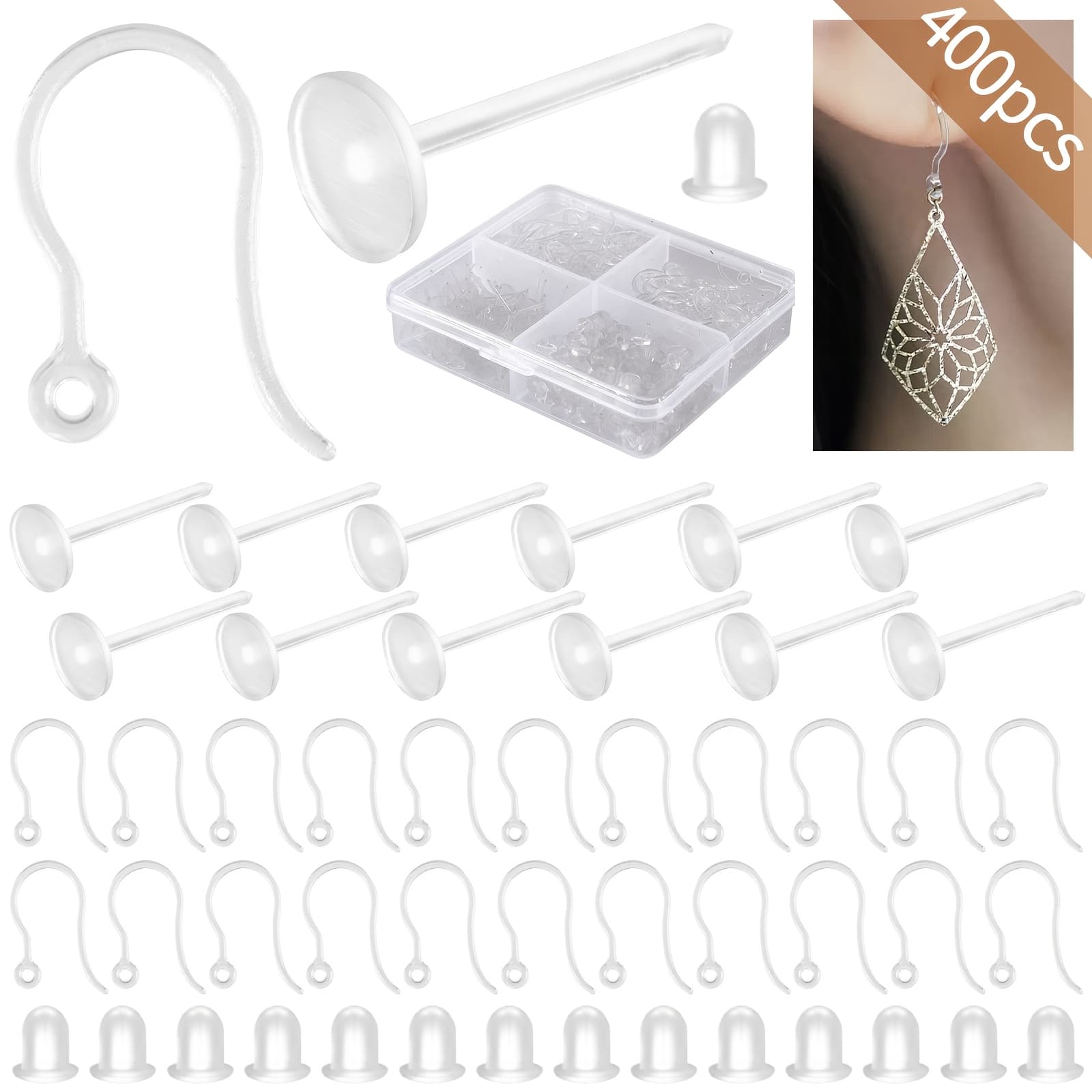 TEMU 100pcs Clear Plastic Earring Hooks Non-allergenic Ear Wires Earrings Components With 100pcs 5mm Plastic Earring Posts, 200pcs Earring Backs For Earrings Making, Jewelry Making Findings