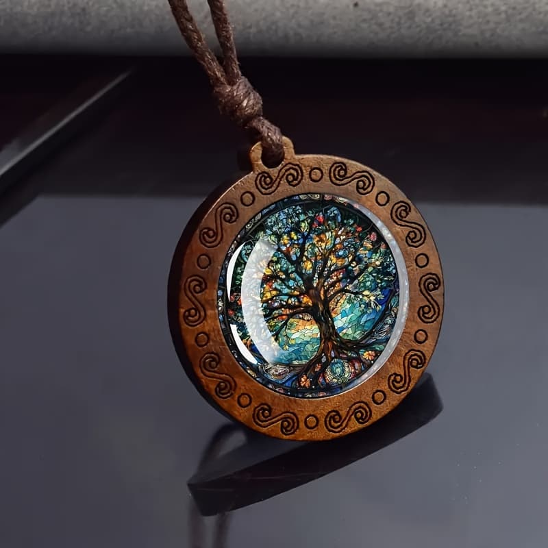 TEMU 1 Stylish And Elegant Tree Of Wooden Round Glass Necklace Romantic Gift Jewelry, Suitable For Christmas Gift, Birthday Gift.
