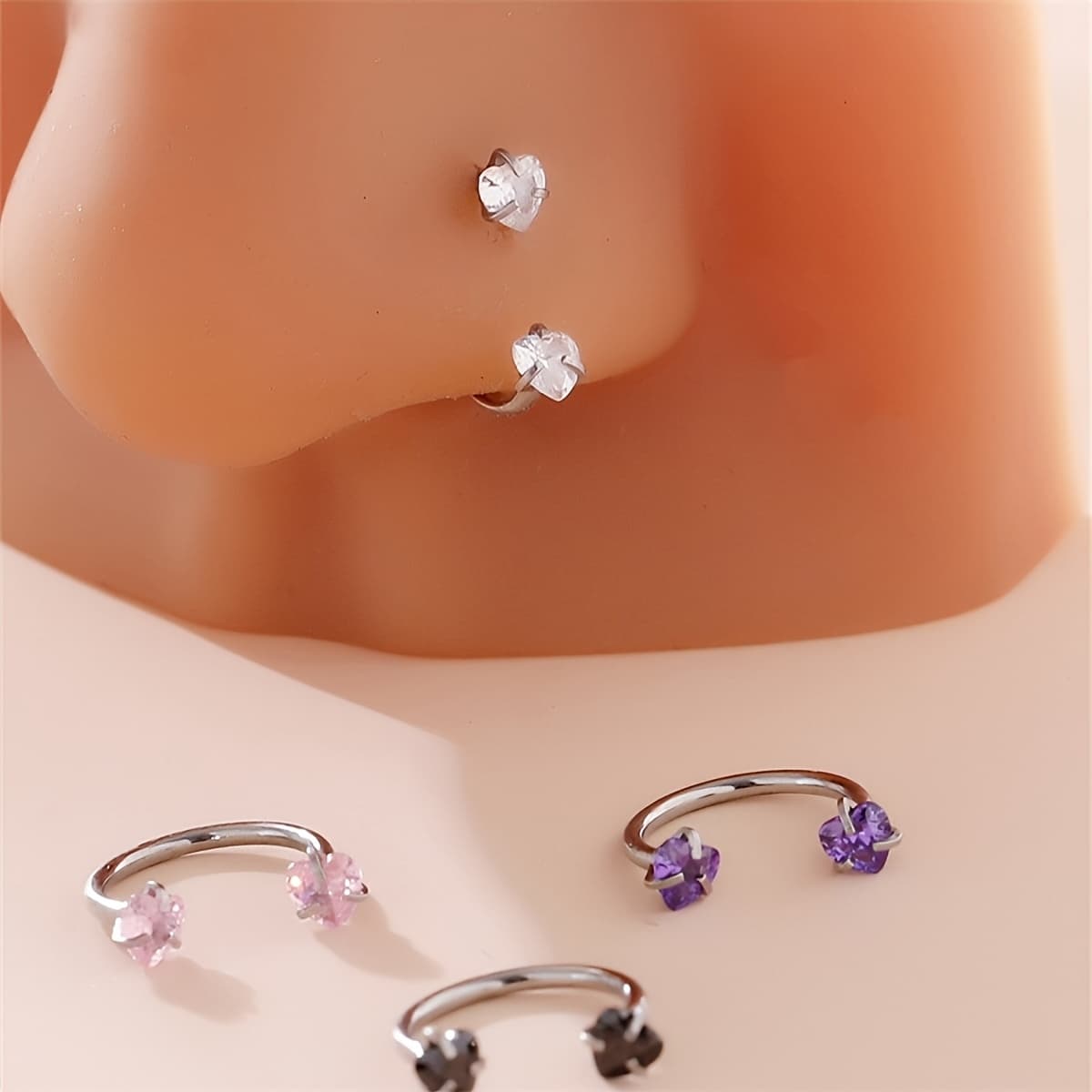 TEMU 4pcs Elegant Heart-shaped Stainless Steel C-nose Rings With Sparkling Synthetic Synthetic Zirconia - Minimalist Daily Wear Jewelry For Women, Perfect For Gifting, Senlansp