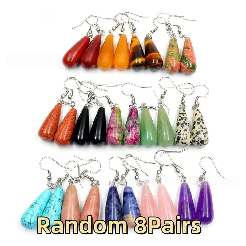 TEMU 8 Pairs Of Bohemian Assorted Random Color Teardrop-shaped Natural Crystal Dangle Earrings For Women, Perfect For Daily Wear, Crystal Jewelry Accessory & Holiday Birthday Gift
