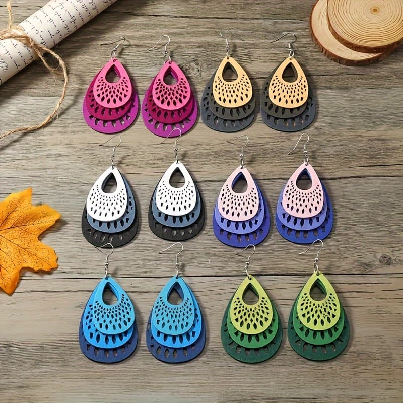 TEMU 6 Pairs Of Bohemian Lightweight Wooden Earrings Geometric Cutout Wooden Earrings Retro Ethnic Wind Drop Shaped Earrings Colorful Printed Earrings For Ladies