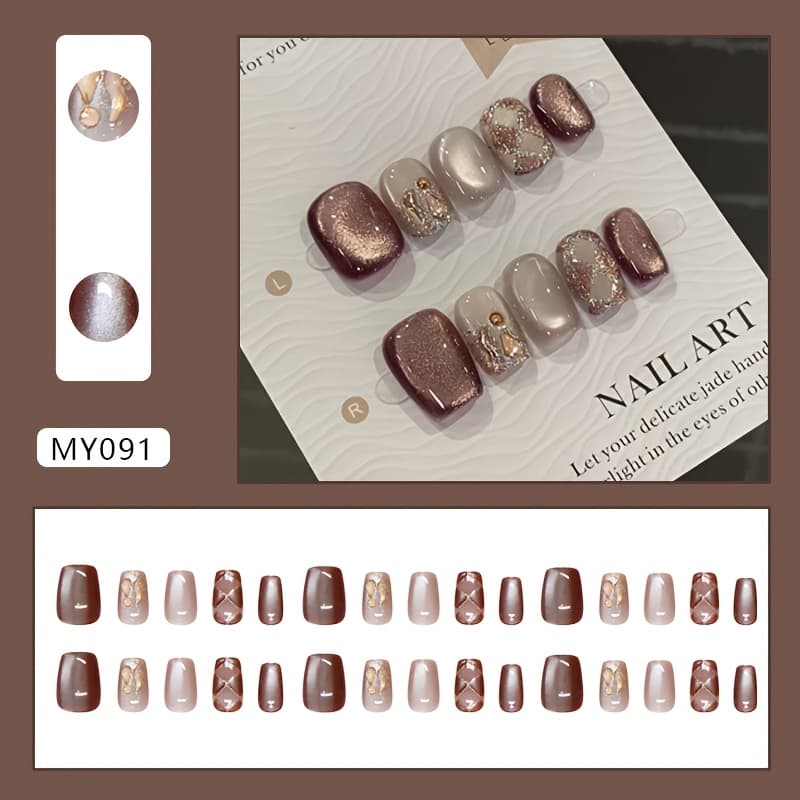 TEMU Short Cat Eye Square Autumn Minimalist Fashion White Nail Tips With Retro Sparkle Patch Design