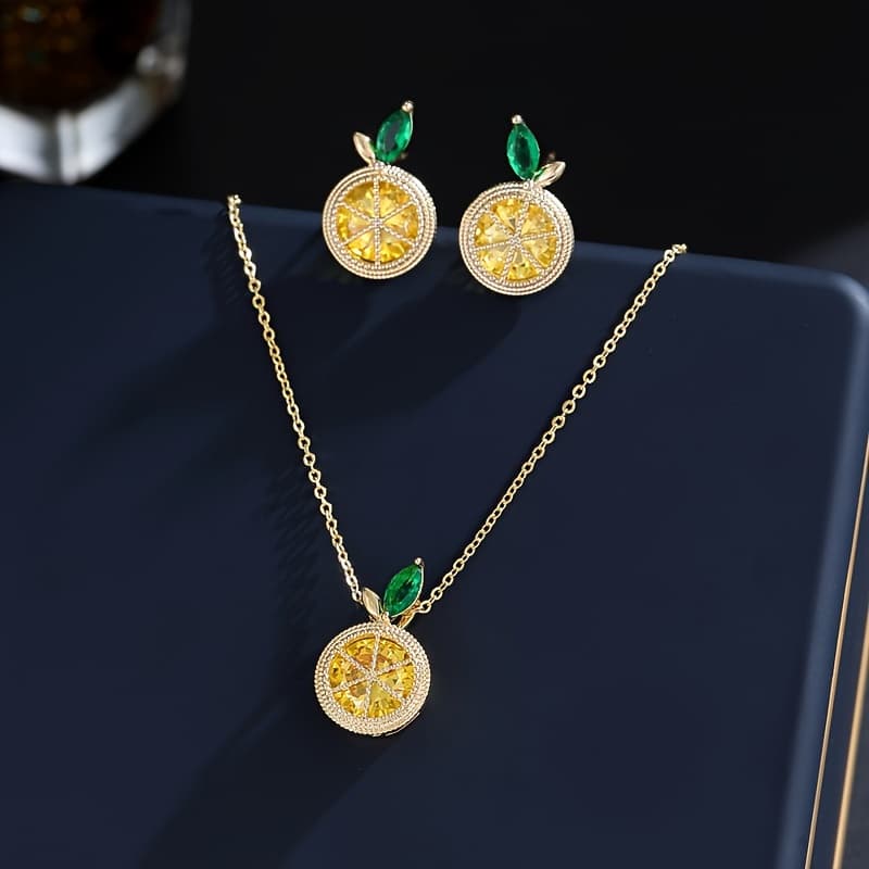TEMU 3pcs Set, 1 Pair Of Earrings+1 Necklace, Fashionable Lemon , Copper, Daily Gift For Wearing