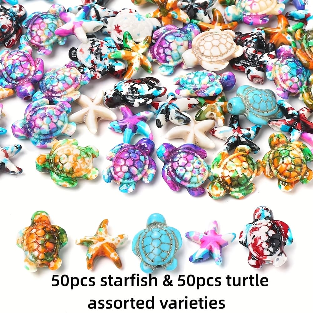 TEMU 100pcs Random Color Gradient Turtle Starfish Spacer Beads Stone Print Tortoise Jewelry Beads For Jewelry Making Bracelet Necklace Earring Keychain Summer Jewelry Accessories