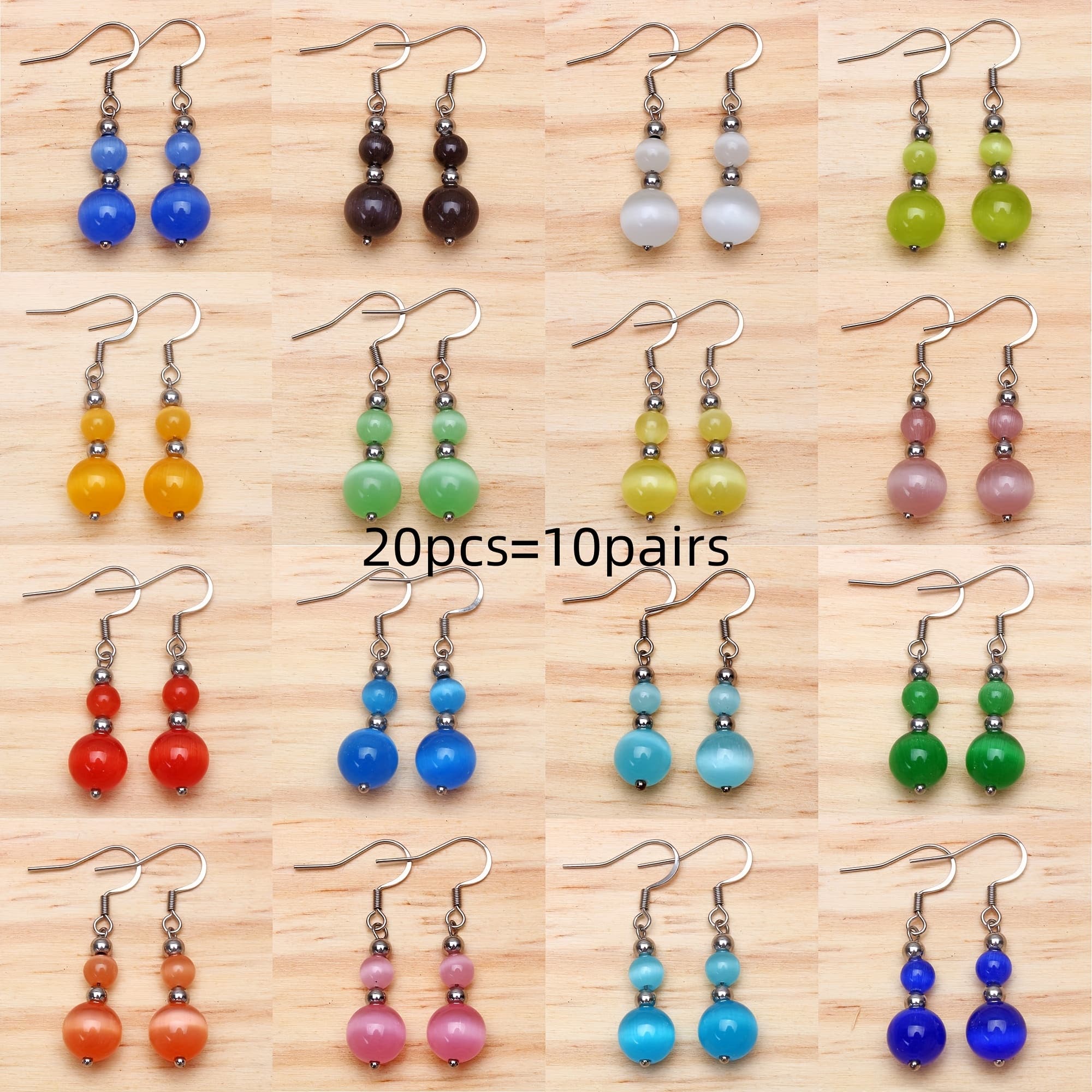 TEMU Wholesale Lots 20pcs=10pairs Mixed Colorful Synthetic Stone Stainless Steel Hook Earrings, Suitable For Daily Wear And Parties, Ideal Valentine's Day Gift