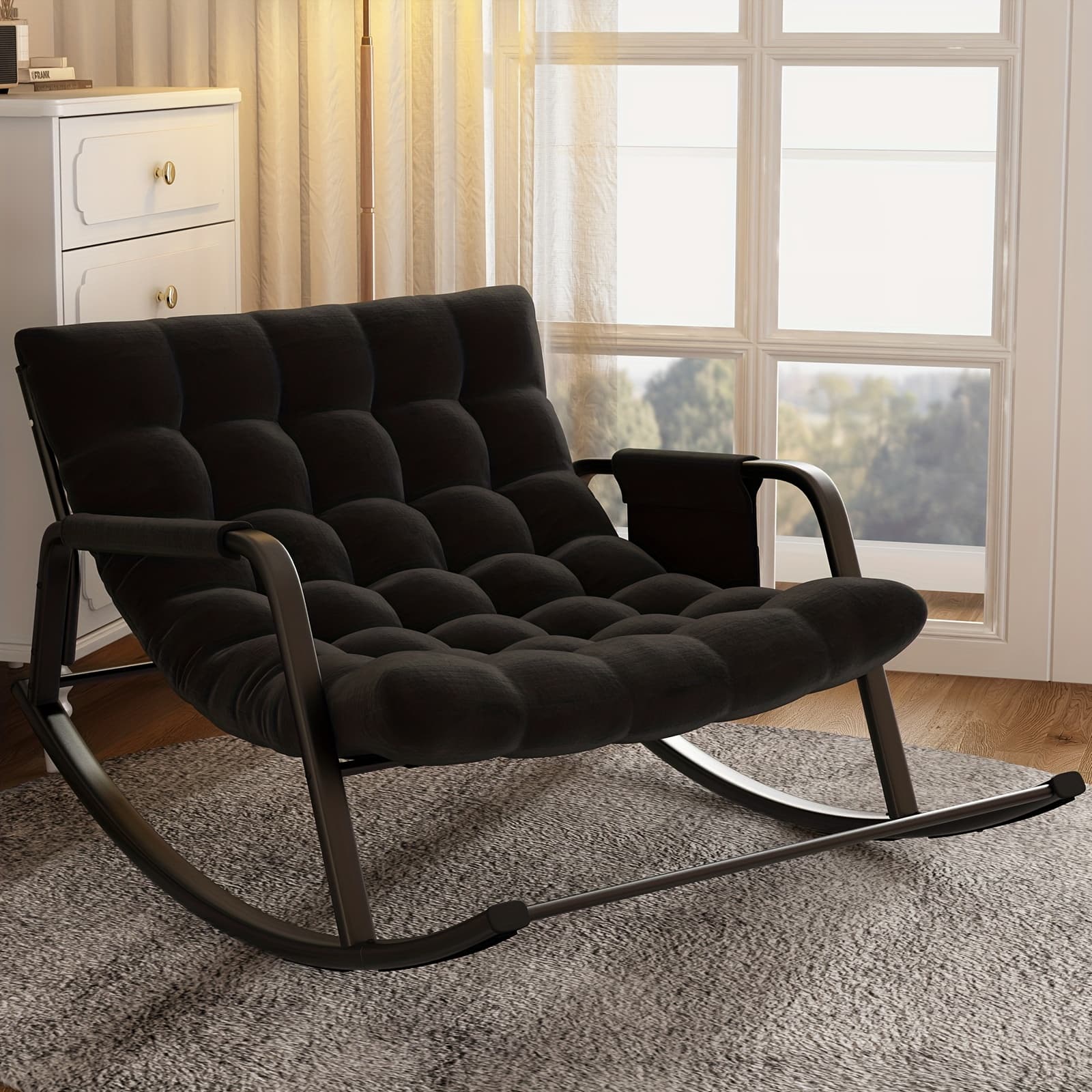 TEMU Outdoor & Indoor Oversized Rocking Chairs, Modern Metal Lounge Rocking Chair With Thick Cushions, High Back Rocker Chair For Living Room, Patio, Porch, Garden, Backyard