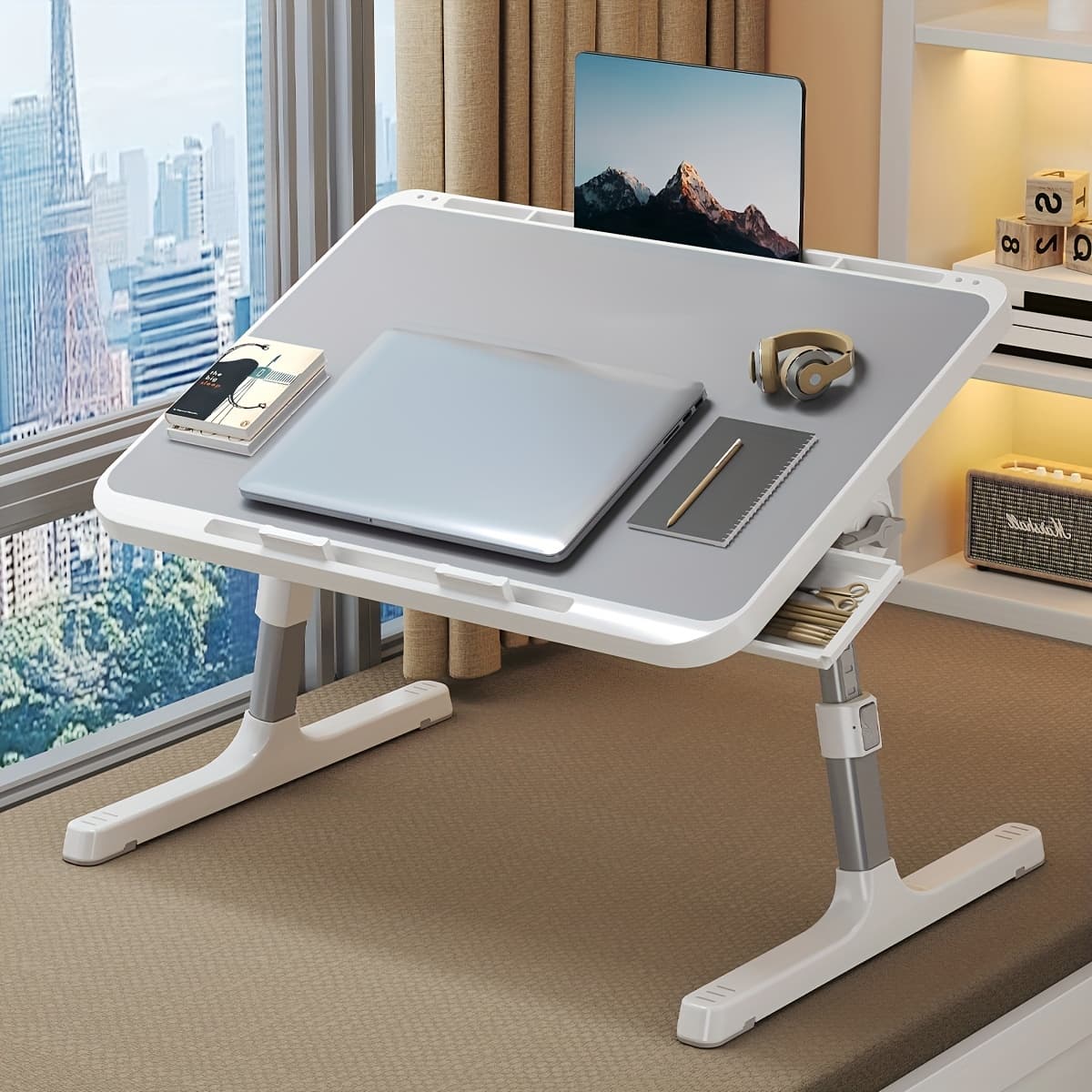 TEMU Laptop Bed Table With Adjustable Height, Bed Laptop Table, Foldable Laptop Bed Table, Desktop Card Slot, Side Drawer, Used For Dormitory Study Table, Bedside Small Table