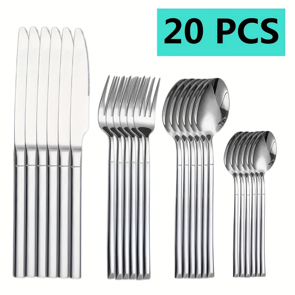 TEMU 20pcs Stainless Steel Cutlery Set - Including Steak Knives, Forks, Spoons, Dessert Spoons, Suitable For Home, Kitchen, Hotel, Party, Dishwasher Safety, Christmas Holiday Gifts