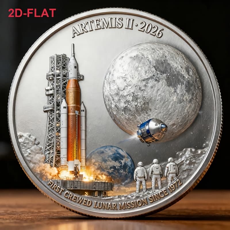 TEMU 2d Flat Ii Lunar Commemorative Coin 2026 First Crewed Voyage Artistic Souvenir Pattern Details Collectible Figurines Replica